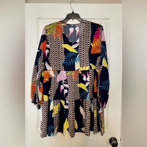 FOWSMON Women's Tunic Dress Cute Printed V Neck Long Sleeve Swing Ruffle Dress